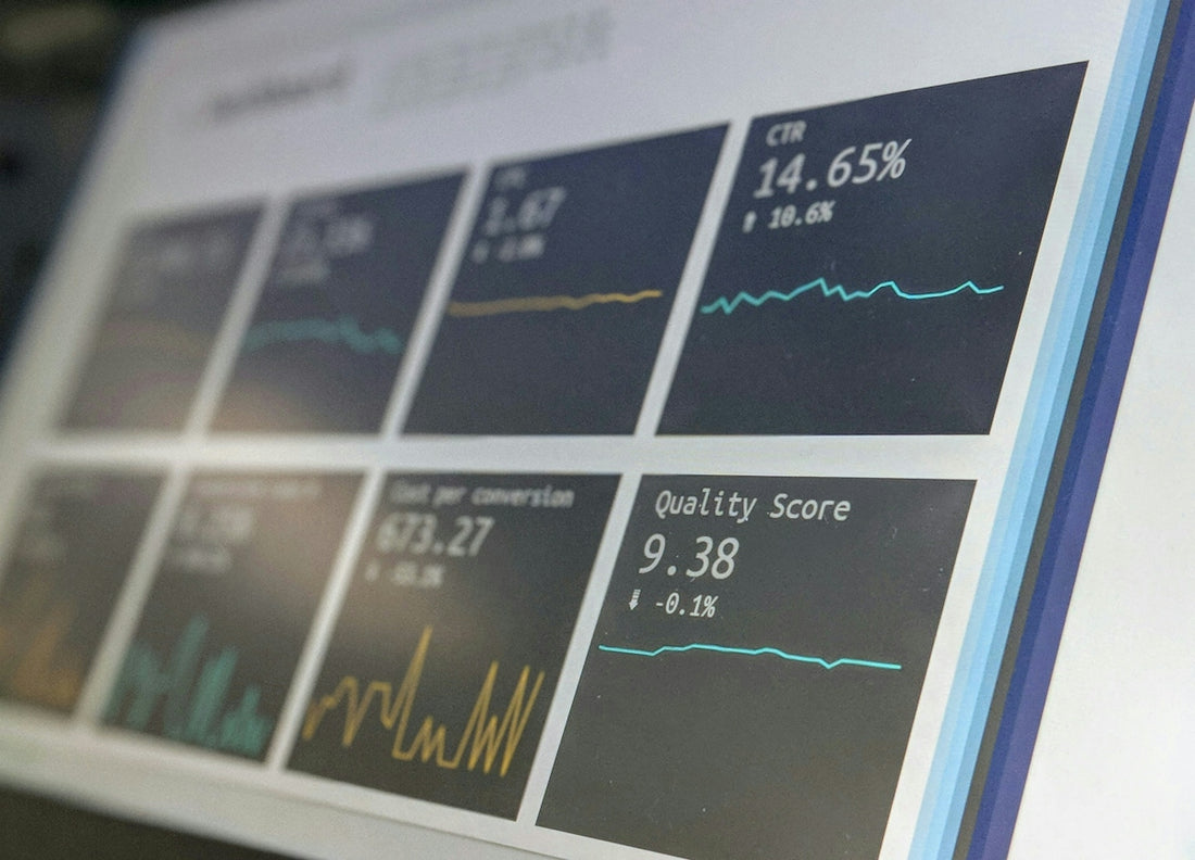 A digital dashboard displaying marketing metrics including CTR and quality score on a screen.