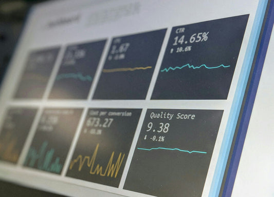 A digital dashboard displaying marketing metrics including CTR and quality score on a screen.