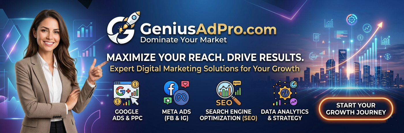 GeniusAdPro digital marketing banner featuring Google Ads, Meta Ads, and SEO services.